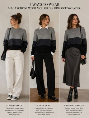 Magaschoni wool mohair color block gray black split hem medium